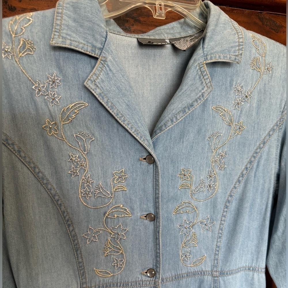 Vintage LizWear Denim Maxi Dress embroidered Pear buttons country western - Picture 7 of 13